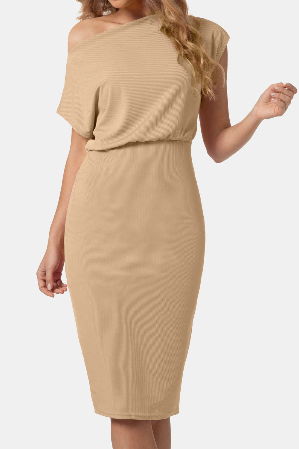 Stretch fabric boat neck dress detail
